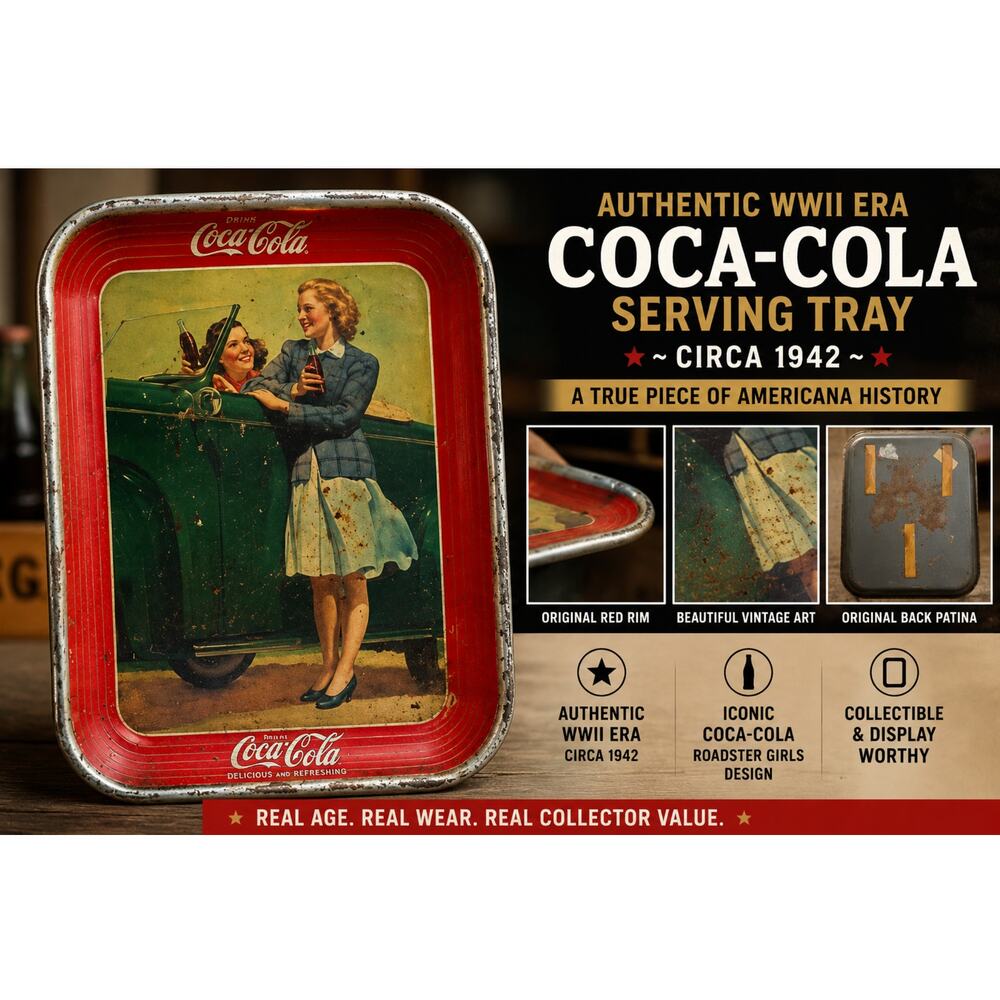 Vintage 1942 Coca Cola Serving Tray Roadster Girls Red Rim WWII Authentic